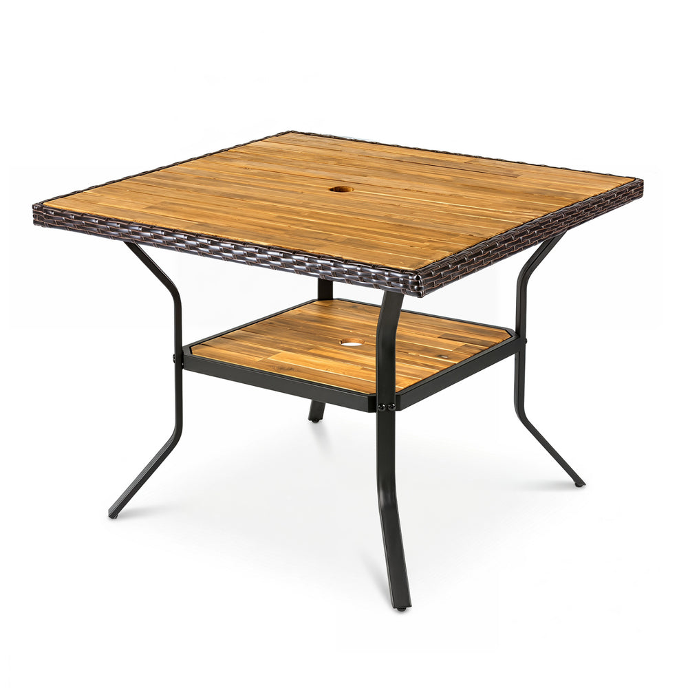 Square outdoor dining table for 4 with acacia wood tabletop, wicker-wrapped edges, and a 2" umbrella hole for shade.