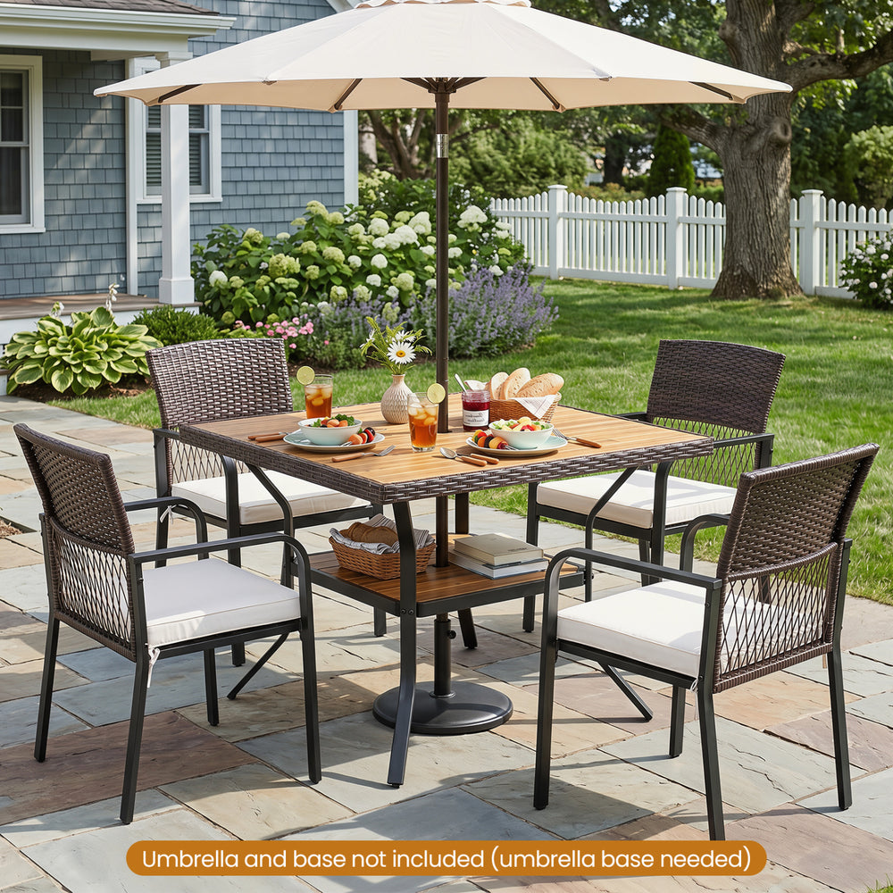Square outdoor dining table for 4 with acacia wood top, metal frame, and 2" umbrella hole, ideal for patio gatherings.
