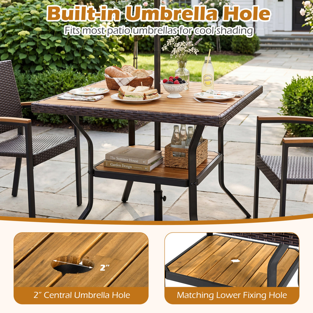 Square outdoor dining table for 4 with acacia wood tabletop, 2" umbrella hole, and sturdy metal frame for patio use.