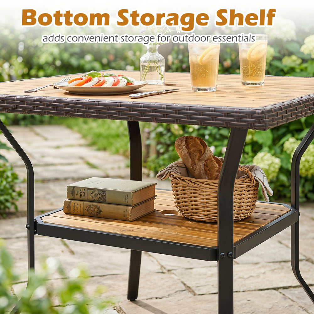 37" square outdoor dining table with acacia wood tabletop, featuring a bottom storage shelf for essentials and an umbrella hole.