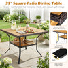 Square 37" outdoor dining table with acacia wood top, wicker-wrapped edges, and adjustable metal legs for patio gatherings.