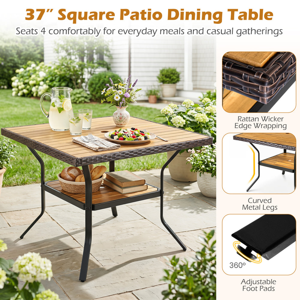 Square 37" outdoor dining table with acacia wood top, wicker-wrapped edges, and adjustable metal legs for patio gatherings.