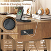 Vanity desk with flip top mirror in rustic brown, featuring built-in charging station and cable management hole for.