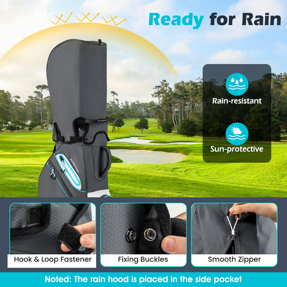 Lightweight gray golf cart bag with 14-way dividers, rain hood, and multiple zippered pockets for organized storage.