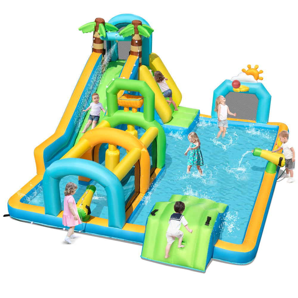 Inflatable tropical water slide park featuring dual slides, splash pool, and fun obstacles for kids' outdoor play.
