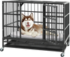Heavy-duty 38-inch metal dog cage with lockable rolling casters, featuring a pull-out tray for easy cleaning.