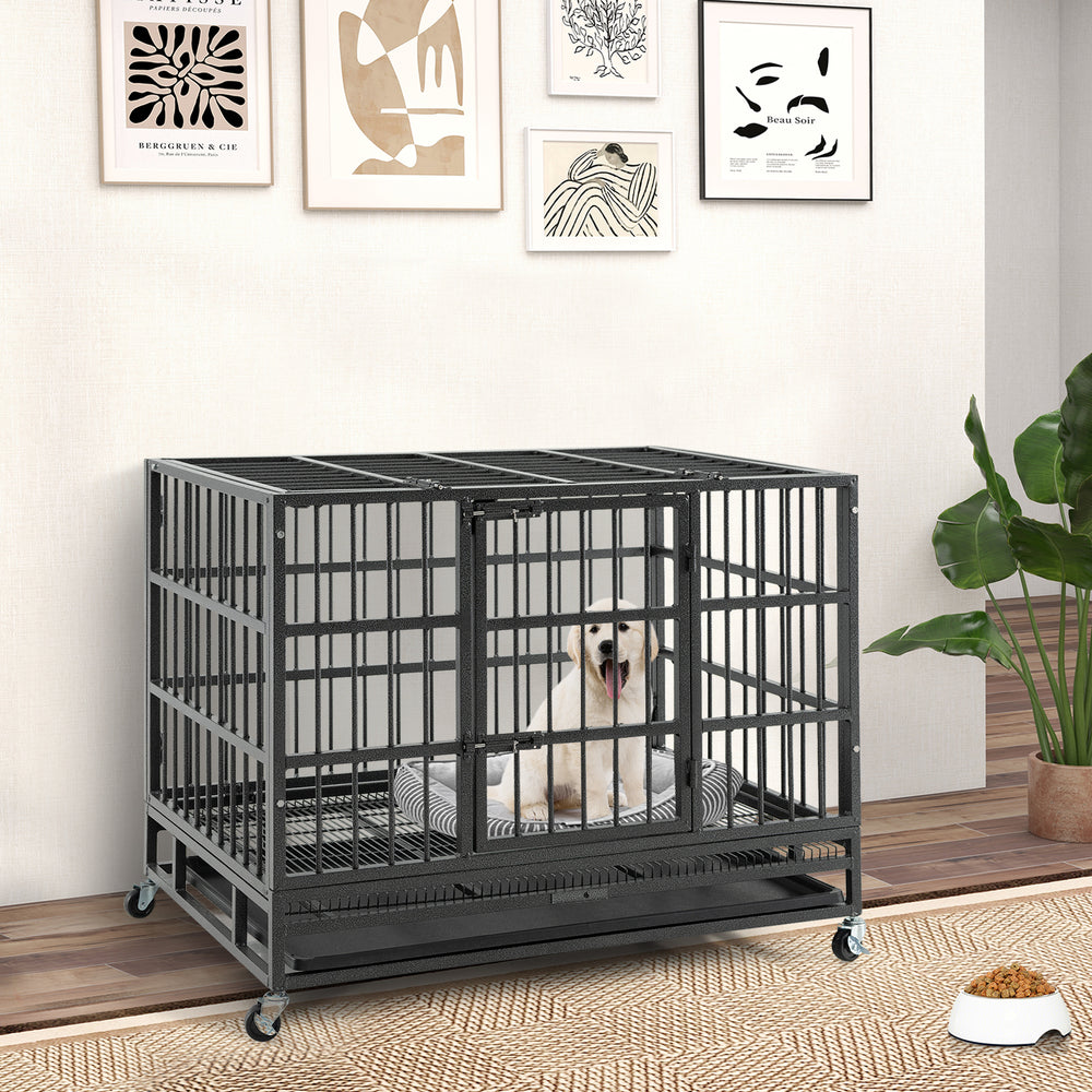 Side view of a 38-inch foldable heavy-duty metal dog cage with a spacious interior, ideal for large dogs and easy to.