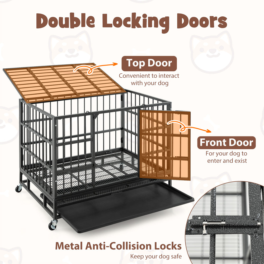 Foldable 38-inch heavy-duty metal dog cage with lockable top and front doors, ideal for large dogs, easy to clean.