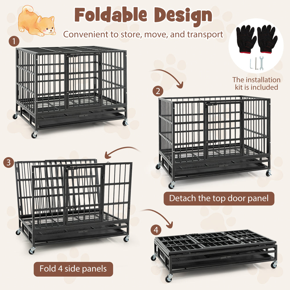 Foldable 38-inch heavy-duty metal dog cage with lockable rolling casters, designed for easy transport and storage.