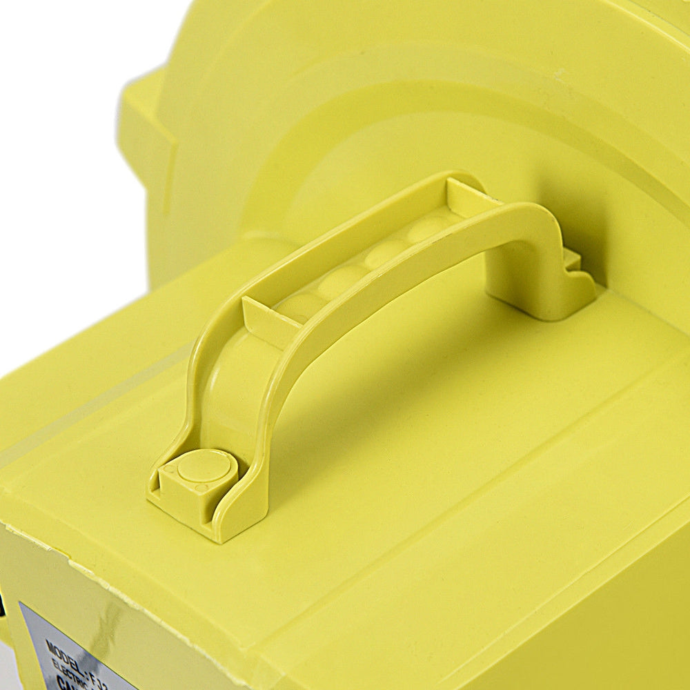 Top view of the yellow 735 W air blower pump with a handle, designed for easy transport and efficient inflation.