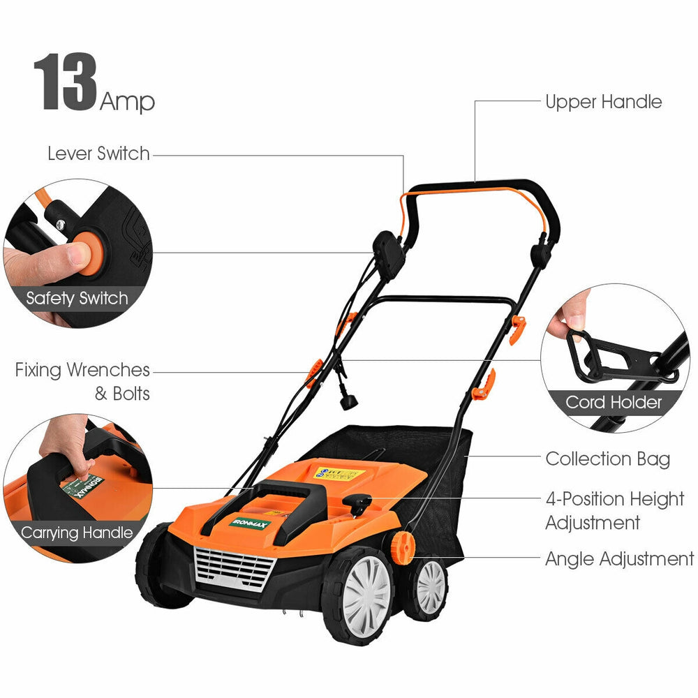 Electric scarifier with 13 Amp motor, adjustable height lever, and 50L collection bag for efficient lawn care.