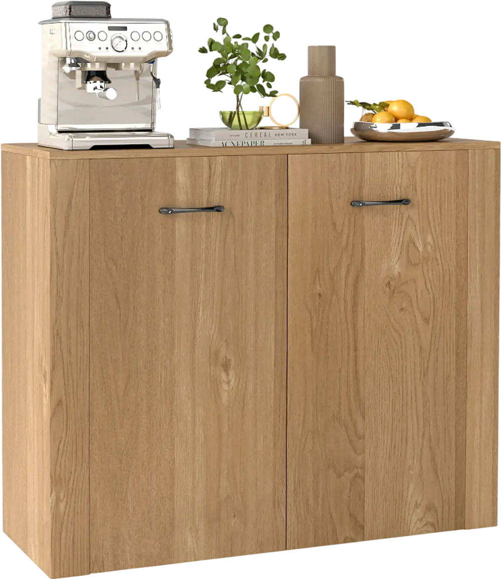 Natural wood 38" buffet sideboard cabinet with two doors, spacious countertop, and ergonomic handles for versatile.