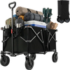 Heavy-duty collapsible wagon cart in black, holding camping gear, with adjustable handle and all-terrain wheels.