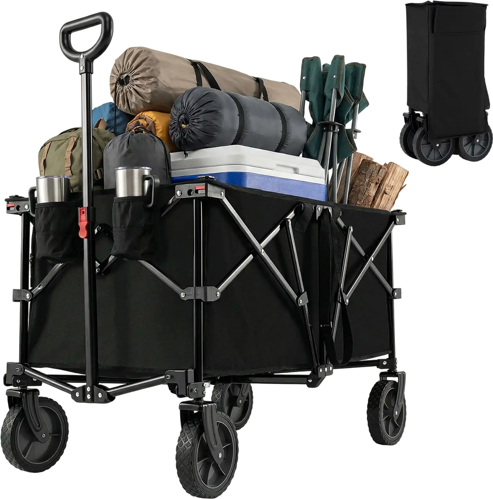 Heavy-duty collapsible wagon cart in black, holding camping gear, with adjustable handle and all-terrain wheels.