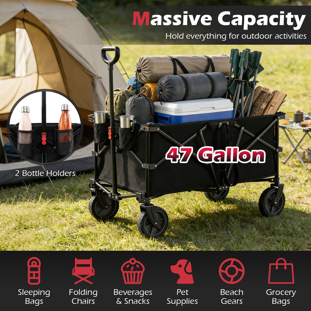 Heavy-duty collapsible wagon cart in black, holding camping gear, with 47-gallon capacity and adjustable handle for.
