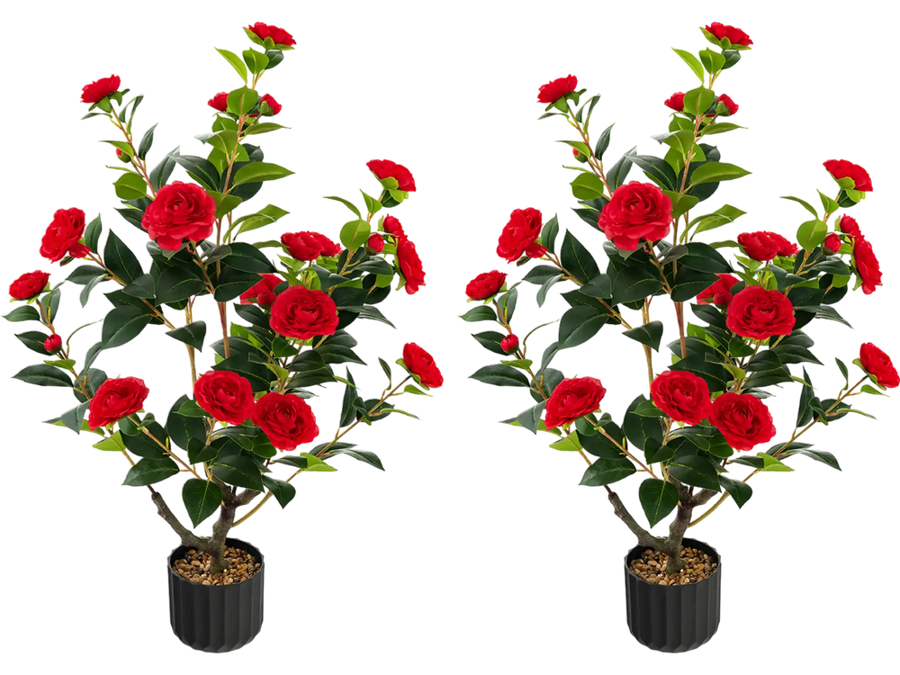 Two 38-inch artificial camellia trees with vibrant red flowers and durable PE trunks, perfect for year-round decoration.