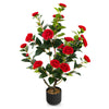 Artificial 38-inch camellia tree with vibrant red flowers and durable PE trunk, perfect for year-round decoration.