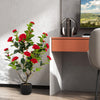 Single 38-inch artificial camellia tree with lush red flowers and realistic trunk in a sturdy cement pot for elegant.