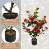 38-inch artificial camellia tree with red flowers and realistic trunk in a solid cement pot, perfect for year-round.