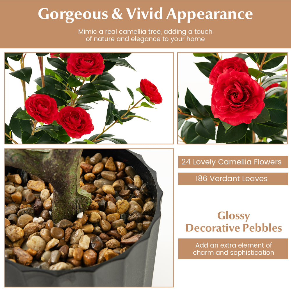 38-inch artificial camellia tree with red flowers and glossy pebbles in a cement pot, perfect for year-round decoration.