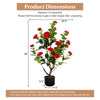 Close-up of the 38-inch artificial camellia tree's glossy pebble-decorated pot, enhancing its vibrant red flowers and.