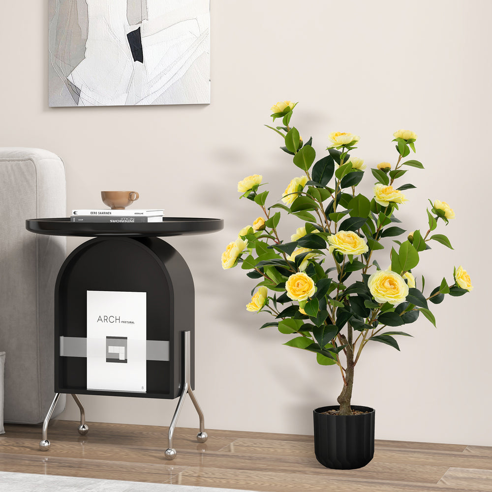 38 Inch Artificial Camellia Tree Faux Flower Plant in Cement Pot-Yellow - Gallery View 1 of 10