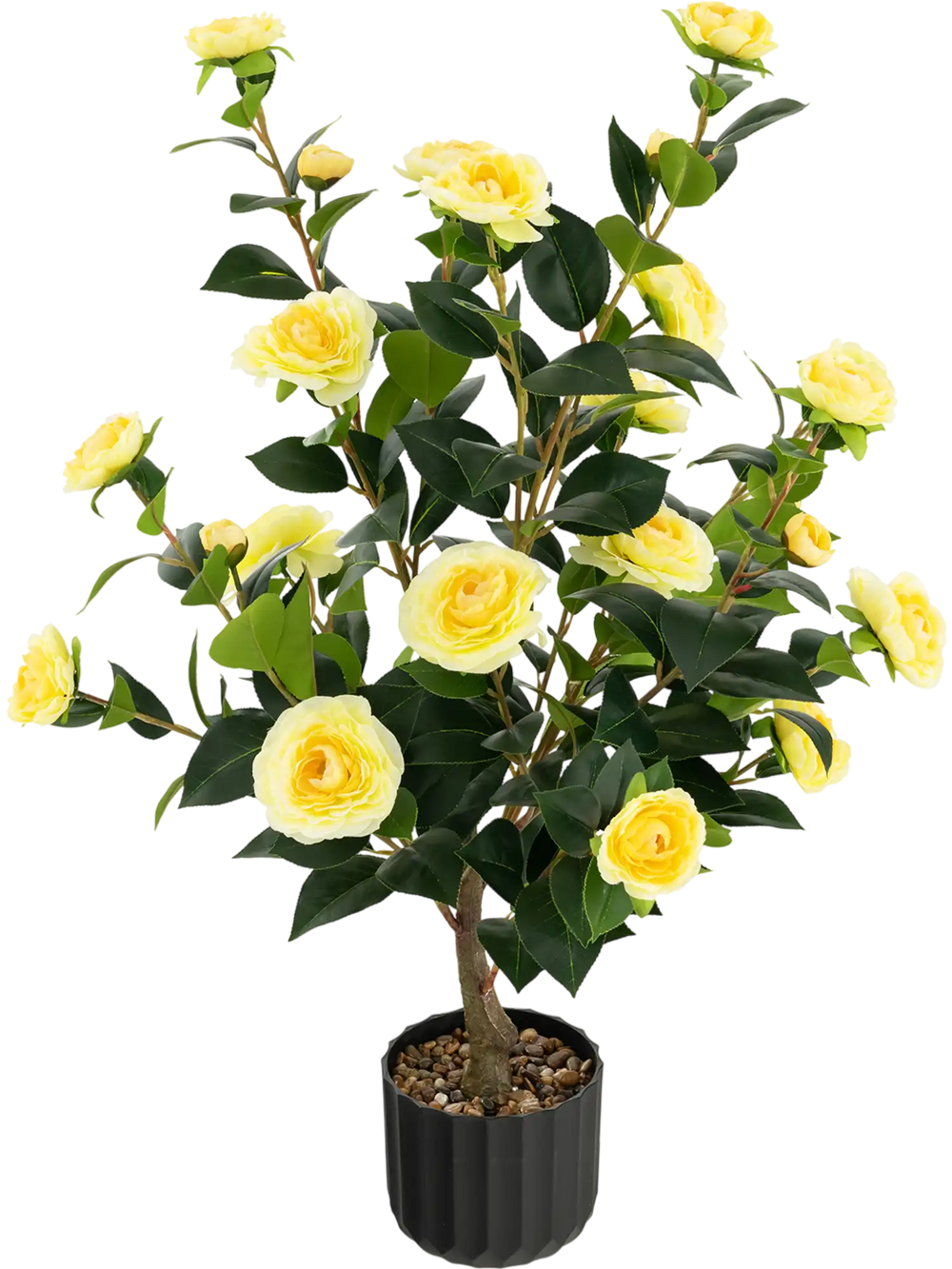 38-inch artificial camellia tree with yellow flowers and durable PE trunk, perfect for year-round home decoration.