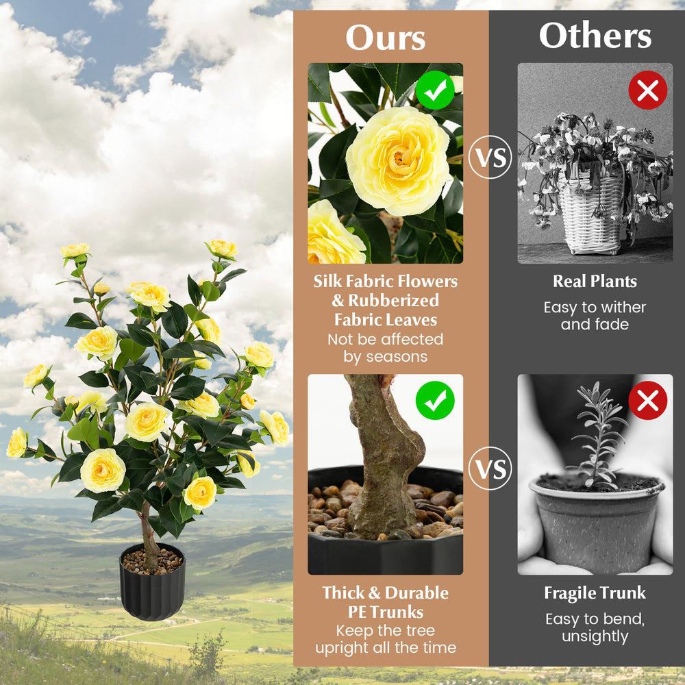 38-inch artificial camellia tree with yellow silk flowers and durable PE trunk, perfect for year-round home decoration.