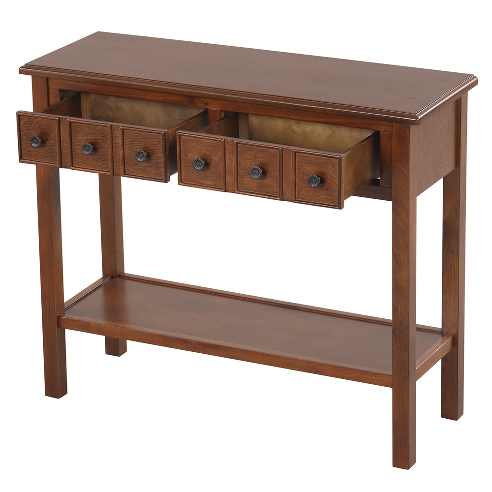 Rustic 38-inch console table in espresso finish with 2 drawers and open shelf, perfect for entryway or living room.