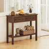 Espresso 38-inch rustic console table showcasing a spacious top, elegant metal handles, and open shelf for stylish.