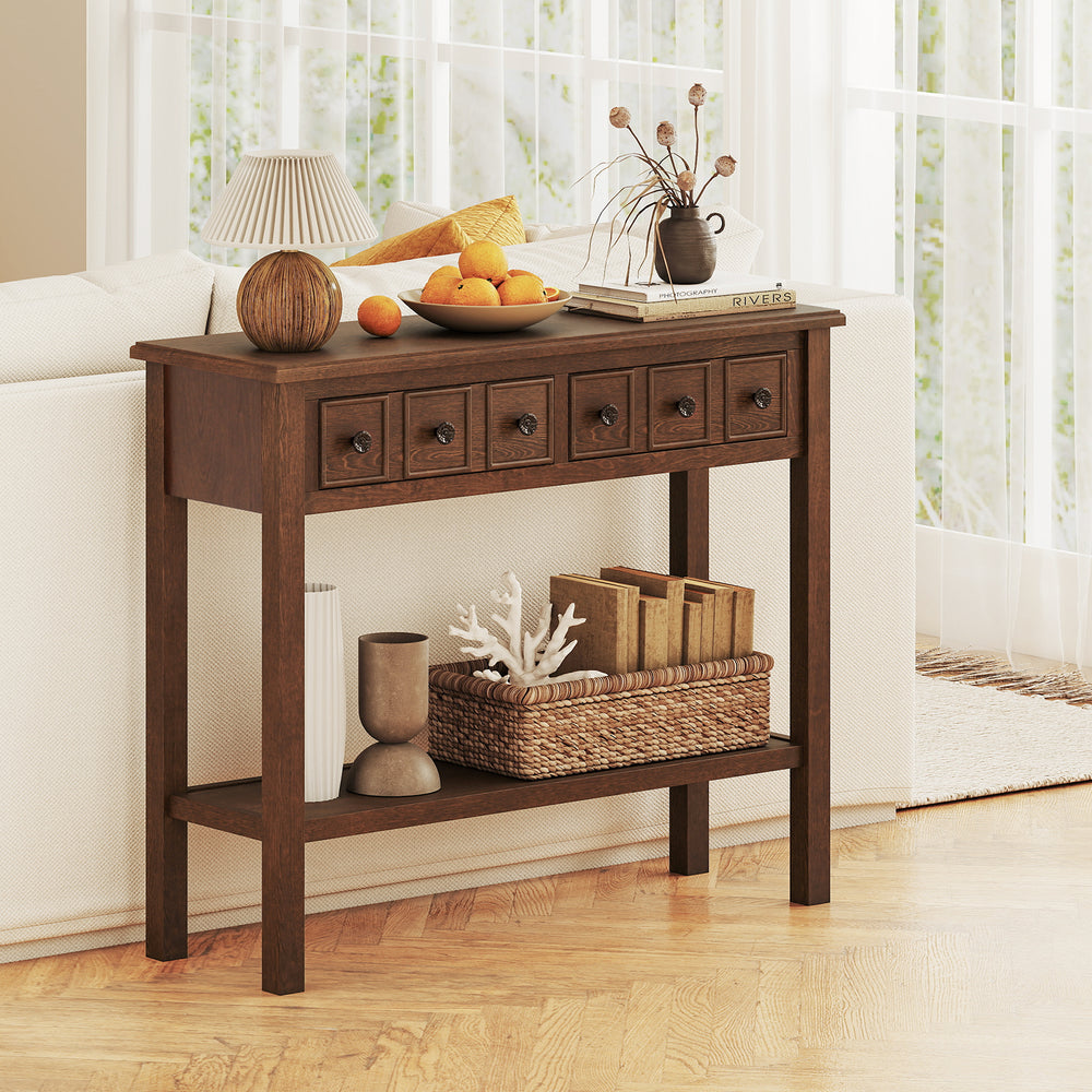 Espresso 38-inch rustic console table showcasing a spacious top, elegant metal handles, and open shelf for stylish.