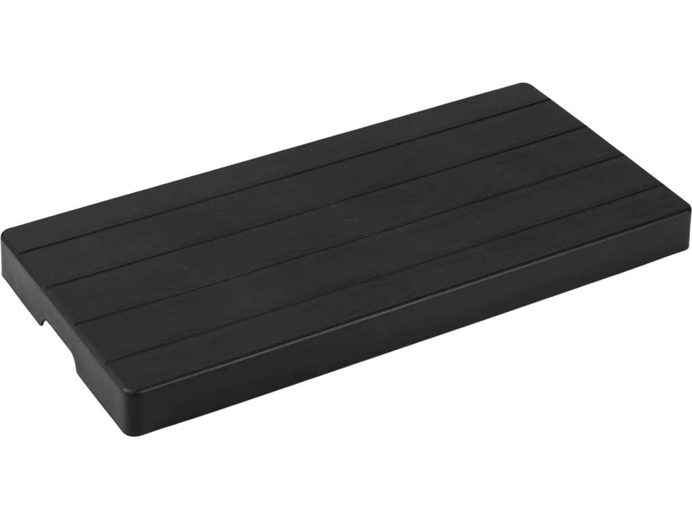 Black 38" x 18" x 3" mini split condenser pad designed for HVAC systems, providing stability and noise reduction outdoors.