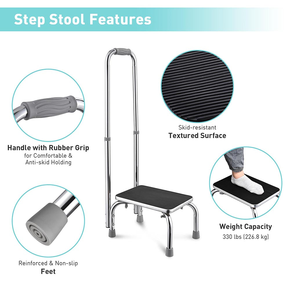 Yescom Medical Single Step Stool Chrome Steel w/ Handrail New – FactoryPure