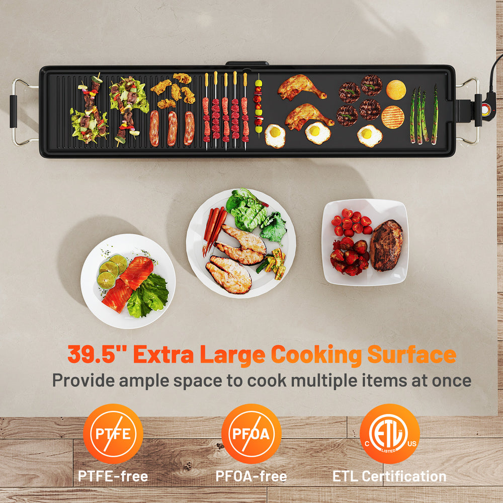Extra large 39.5" electric griddle with non-stick surface, adjustable temperatures, and dual cooking sides for.