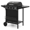 Black propane gas grill on wheels with 39,000 BTU, three burners, side table, and built-in thermometer for outdoor.