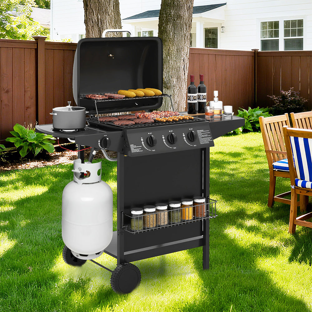 39,000 BTU outdoor propane gas grill on wheels with side burner, spacious cooking zone, and ample storage for backyard.
