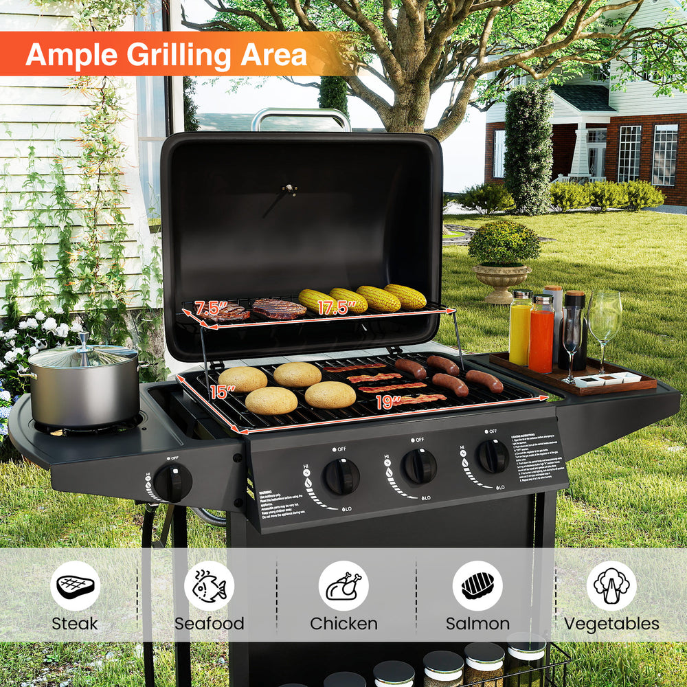 Outdoor propane gas grill with ample cooking area, featuring three burners, side burner, and storage space for grilling.