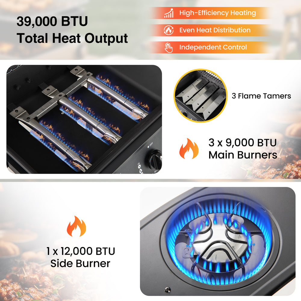 39,000 BTU outdoor propane gas grill with three main burners, side burner, and independent control for versatile.