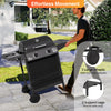 Outdoor propane gas grill on wheels with 39,000 BTU, large wheels for easy mobility, and sturdy support legs.