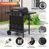 Black 39,000 BTU outdoor propane gas grill with three burners, side burner, and large wheels for easy mobility.