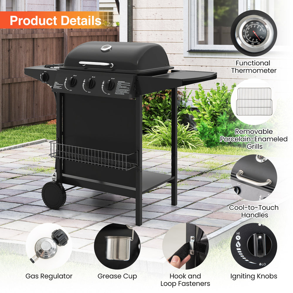 Black 39,000 BTU outdoor propane gas grill with three burners, side burner, and large wheels for easy mobility.