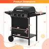 Dimensions of the 39,000 BTU outdoor propane gas grill on wheels, featuring three burners and ample storage space.