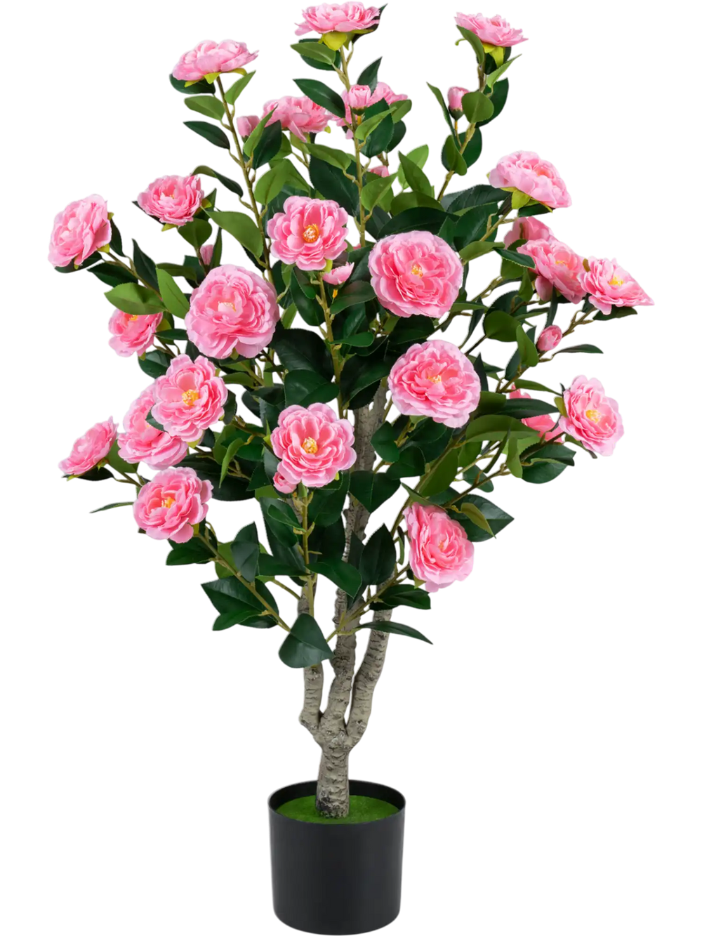 Artificial 39.5" camellia tree with vibrant pink blossoms and dense green foliage in a sturdy cement pot for home decoration.