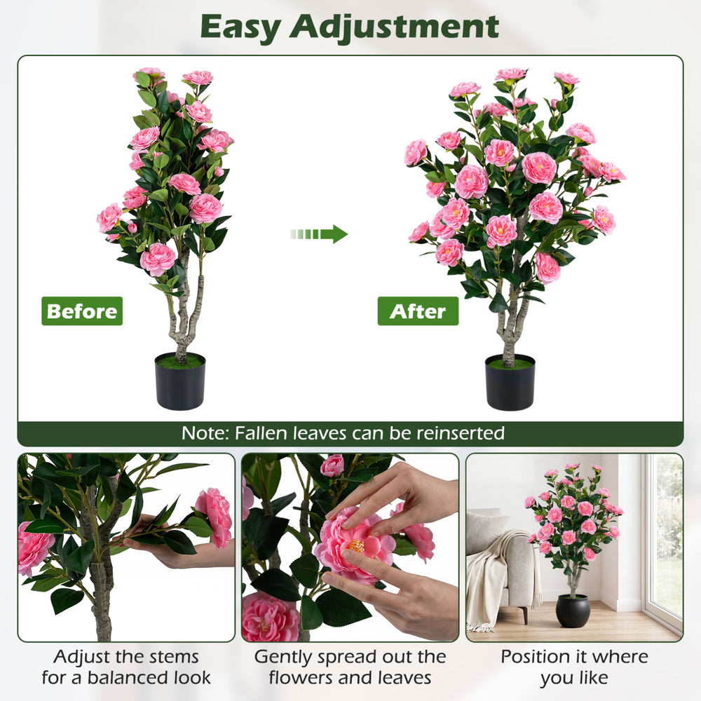 Artificial 39.5" camellia tree with vibrant orange blossoms in a cement pot, perfect for home decoration and easy adjustment.