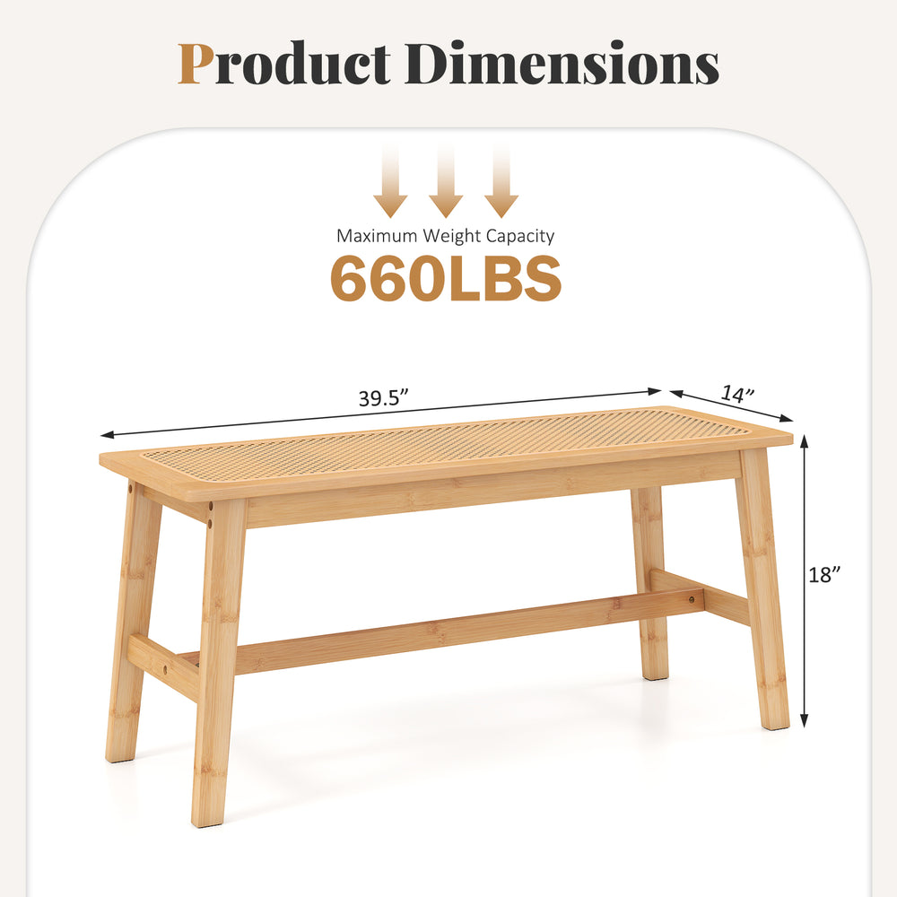 39.5-inch bamboo dining bench with handwoven rattan seat, sturdy design, max weight capacity of 660 lbs for versatile.