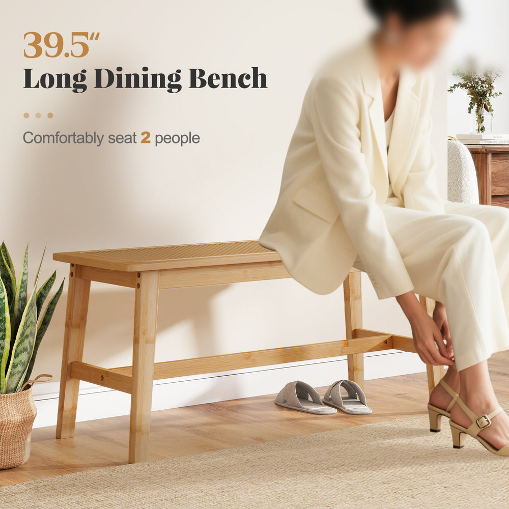 39.5" bamboo dining bench with handwoven rattan seat, comfortably seating 2 people for indoor or outdoor use.