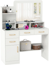 39.5-inch white vanity desk with mirror, drawers, and power outlets, featuring golden handles for stylish bedroom.