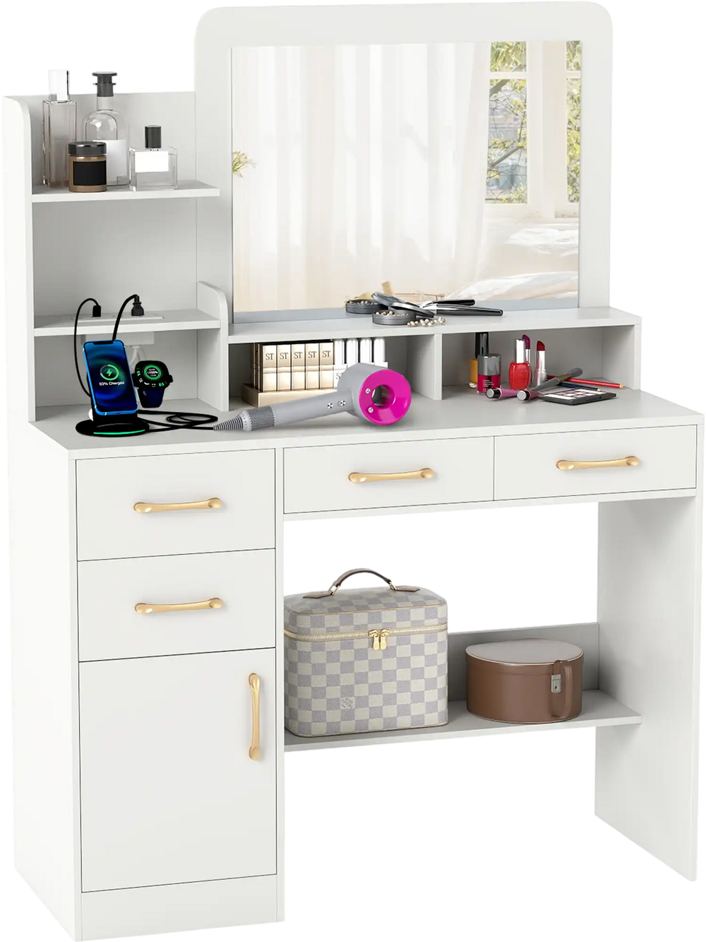 39.5-inch white vanity desk with mirror, drawers, and power outlets, featuring golden handles for stylish bedroom.
