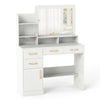 39.5-inch white vanity desk with mirror, open shelves, drawers, and power outlets for convenient bedroom storage.
