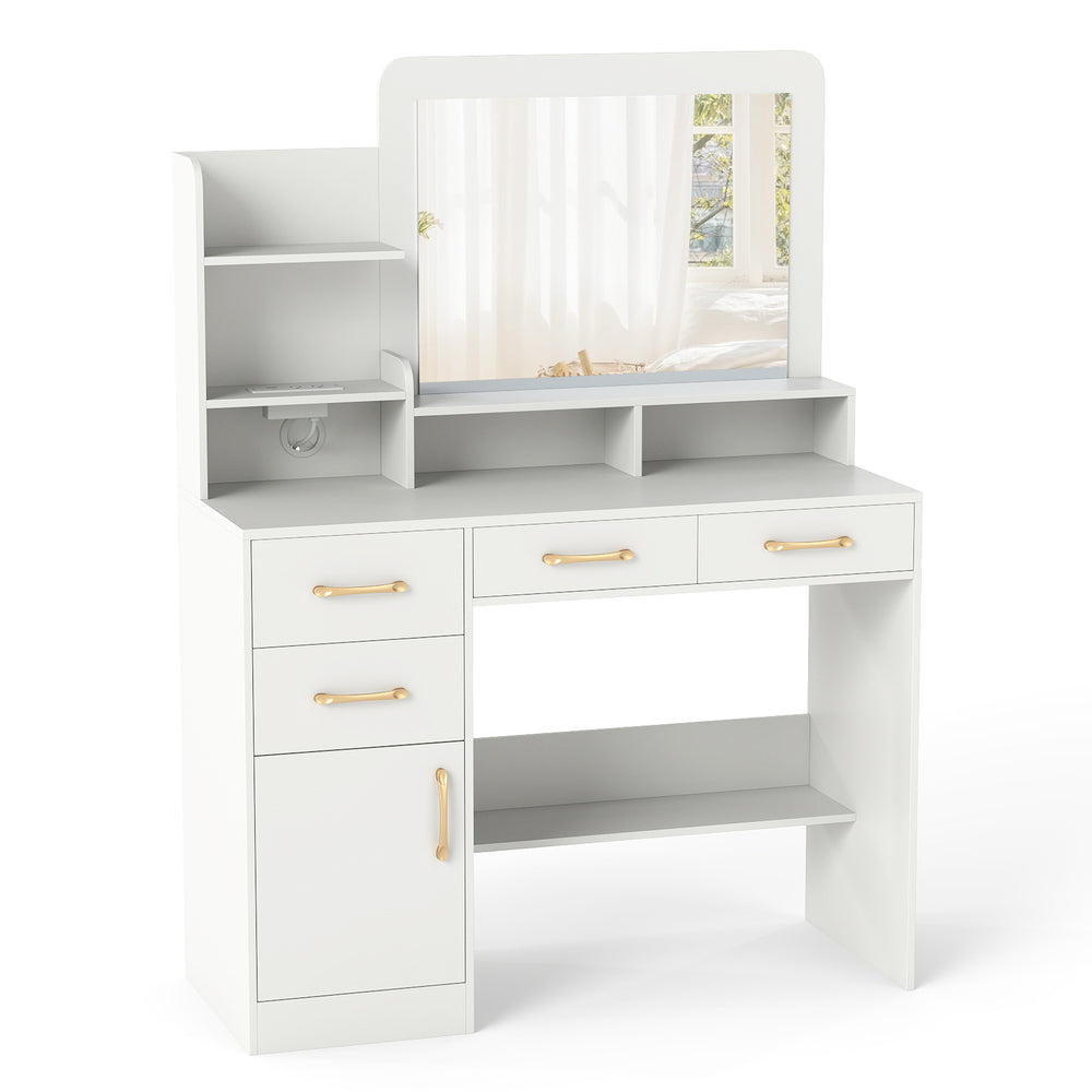 39.5-inch white vanity desk with mirror, open shelves, drawers, and power outlets for convenient bedroom storage.